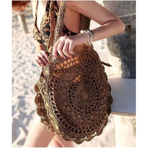 BellanBlue Handbags - Boho Coffee Brown Straw Round Bag